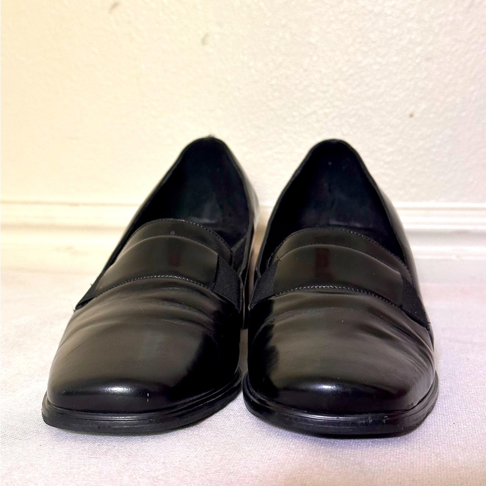 SESTO MEUCCI Penny Shoes Black Leather Sq Toe Wood Stacked Heel Slip-on. ITALY